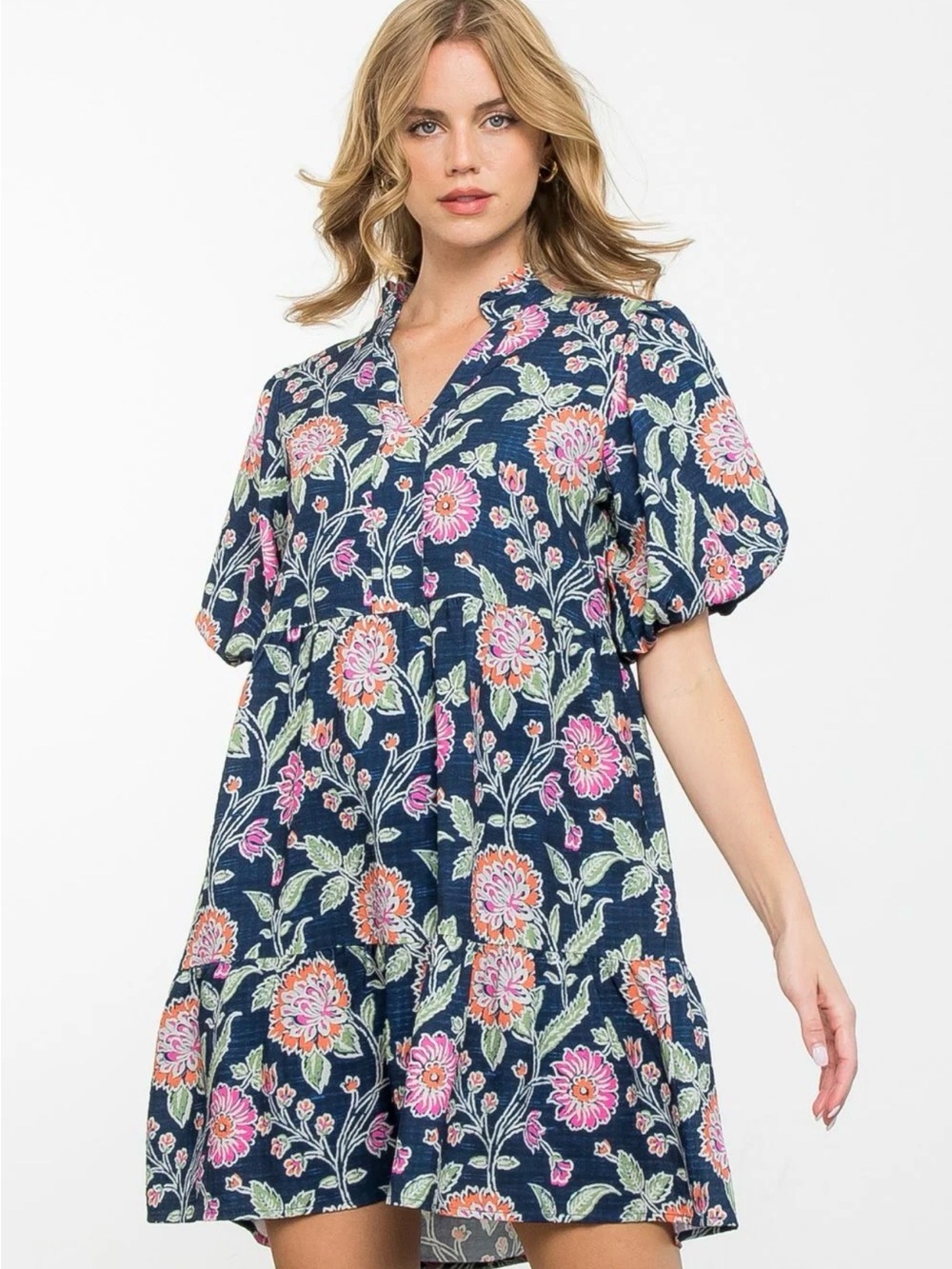 THML Navy Floral Tiered Puff Sleeve Dress with Pink and Orange Blooms - Picture 2 of 12